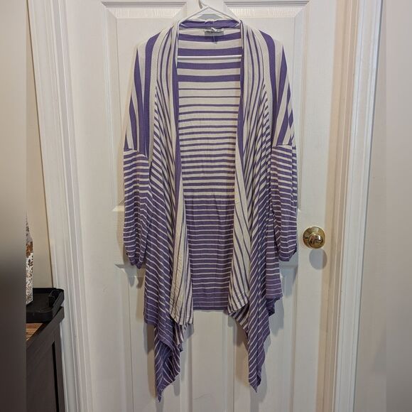 Attitudes By Renee Size 1X Purple & White Striped Open Front Cardigan Sweater - Picture 6 of 11